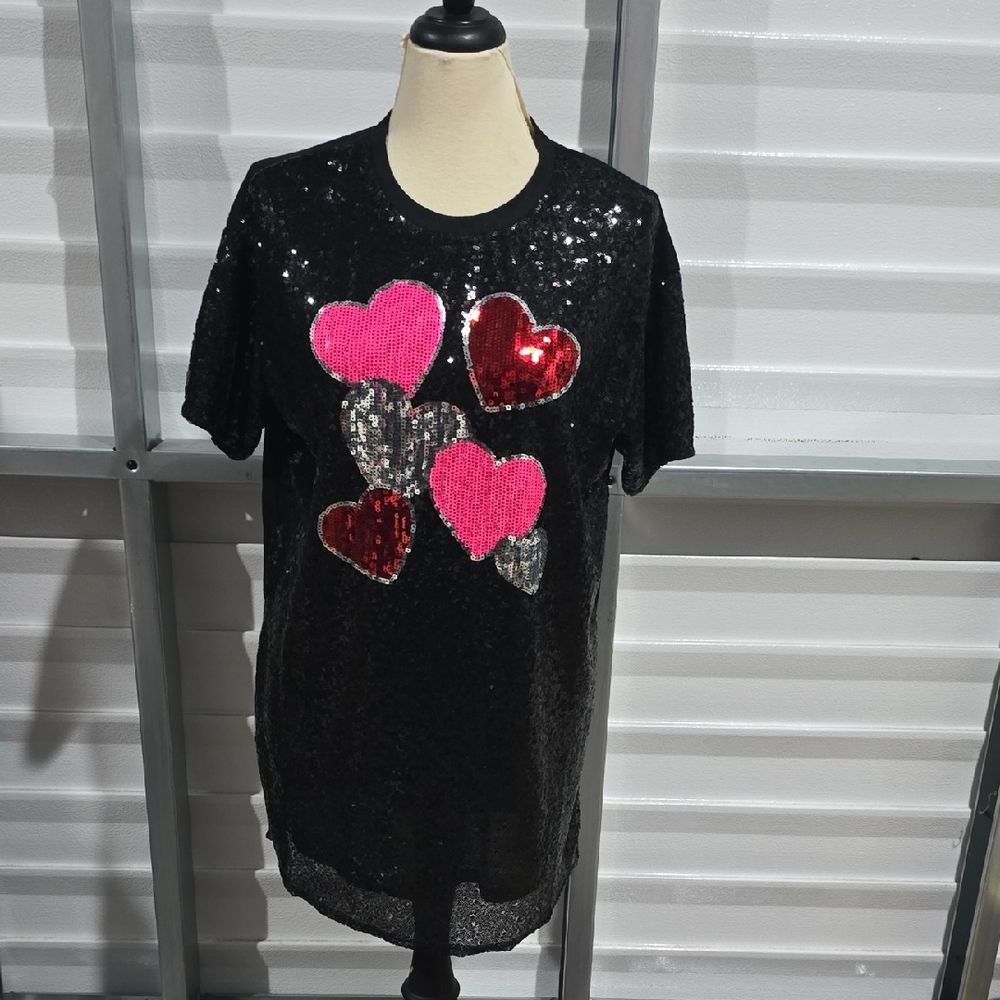 Simply Southern Black Sequin Dress with Pink, Red, and Silver Hearts Size L/XL